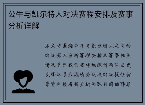 公牛与凯尔特人对决赛程安排及赛事分析详解