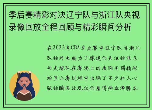 季后赛精彩对决辽宁队与浙江队央视录像回放全程回顾与精彩瞬间分析